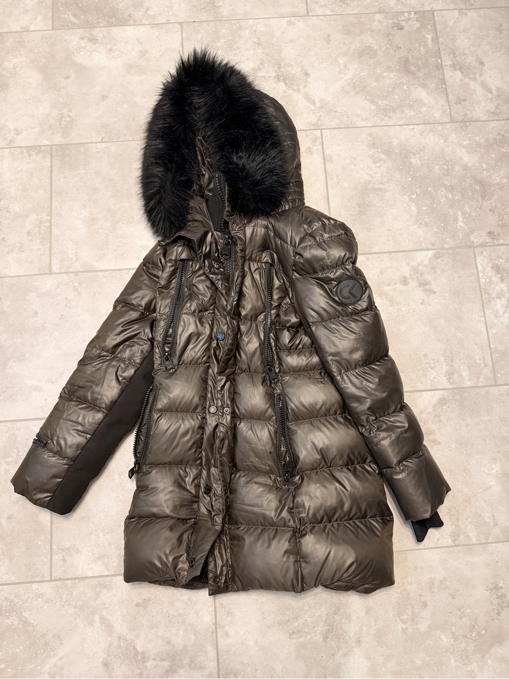 Calvin Klein Performance Olive Green Hooded Puffer Coat with Faux Fur Trim